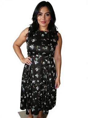 Simply Vera Wang black floral sleeveless midi dress ruffle front Feminine  M